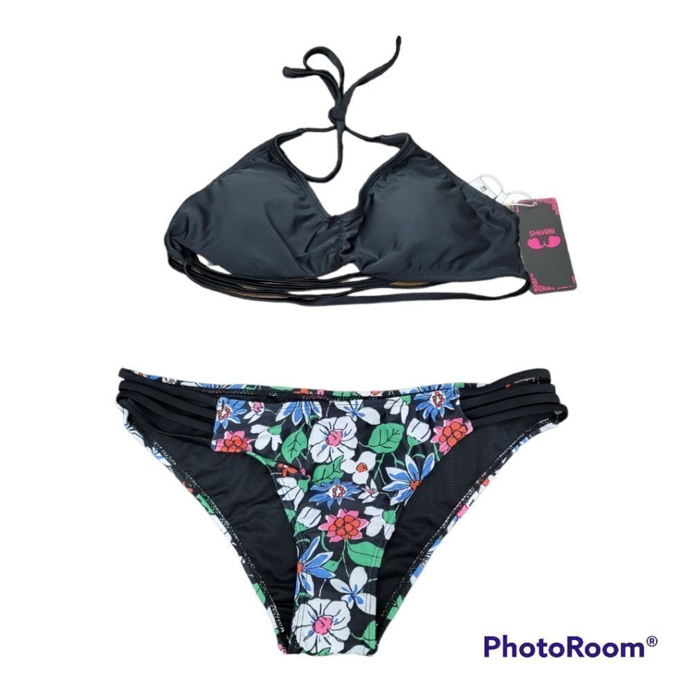 SHEKIN 2 Pc Bikini Set Sold Black Top Floral Printed Bottom Size M